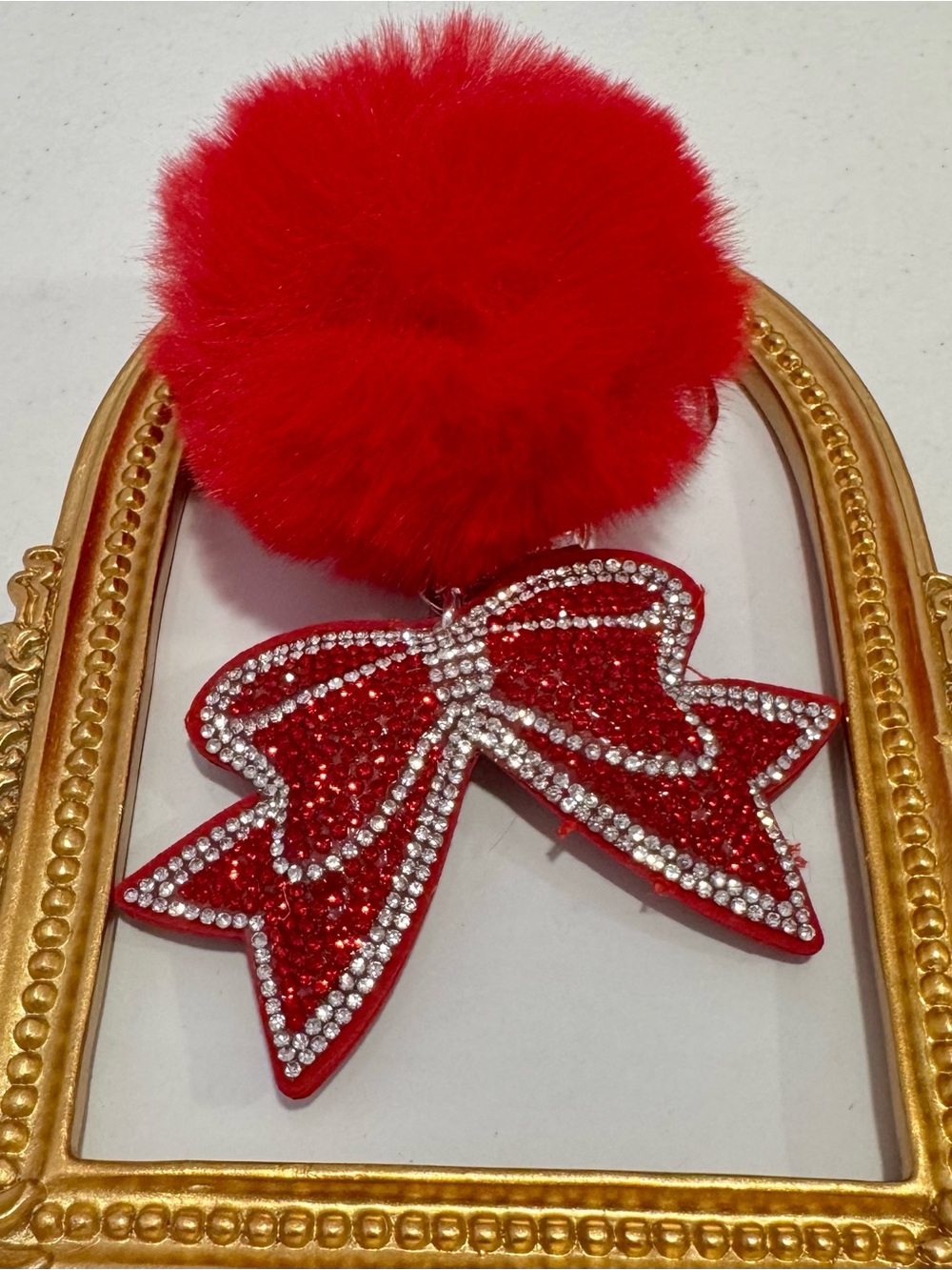 New Red Rhinestone Bow & Pom-Pom Keychain Charm